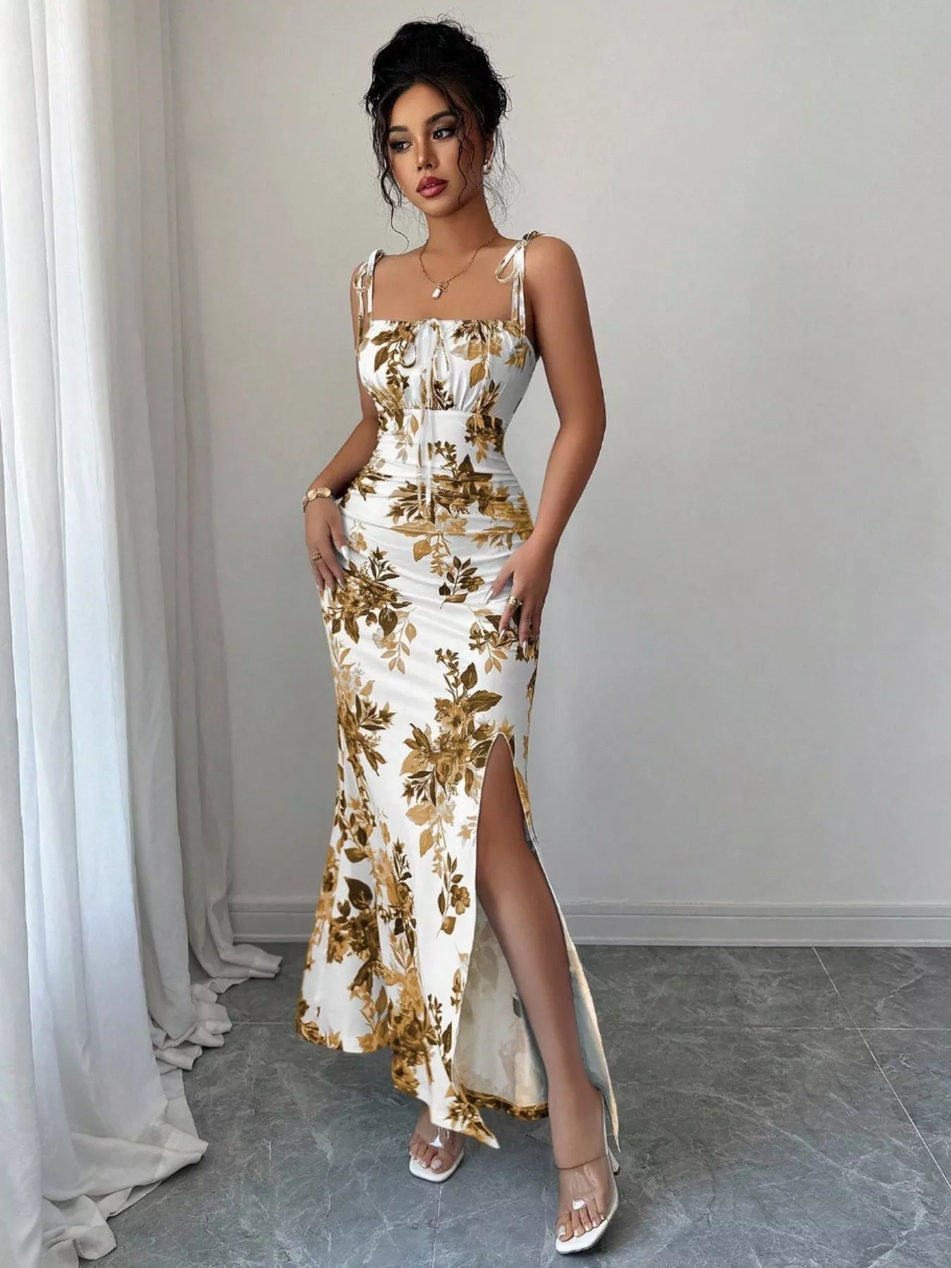 Printed Tie Strap Slit Maxi Dress  Shop One Place