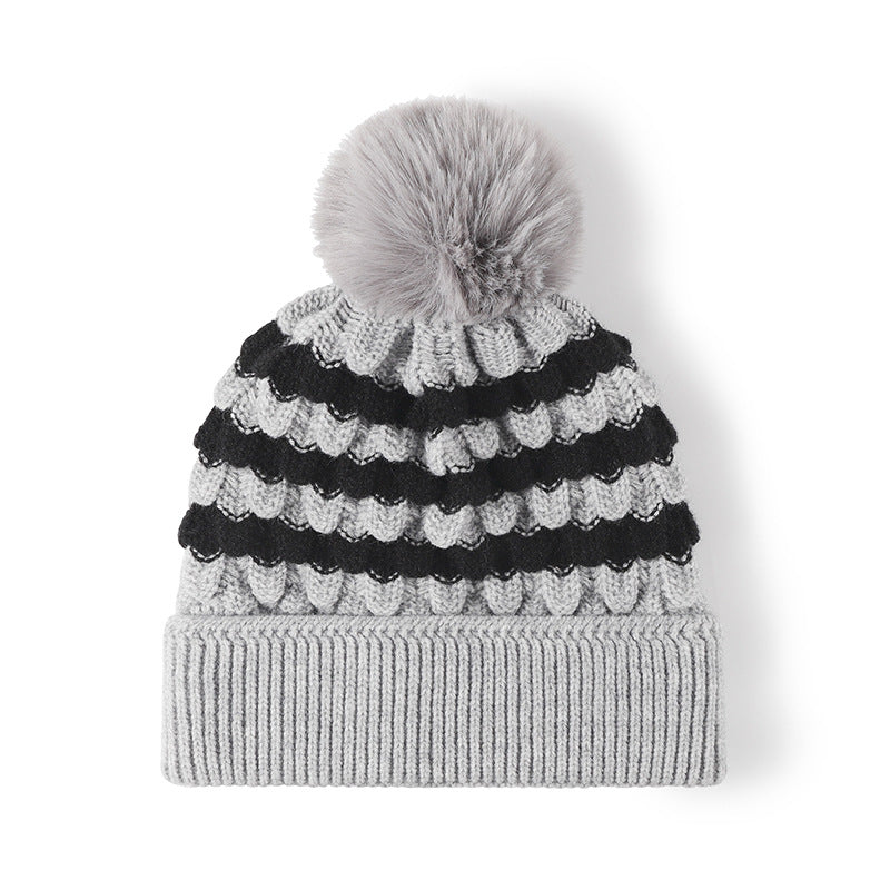 Striped Contrast Knit Hat with Pom-pom  Shop One Place