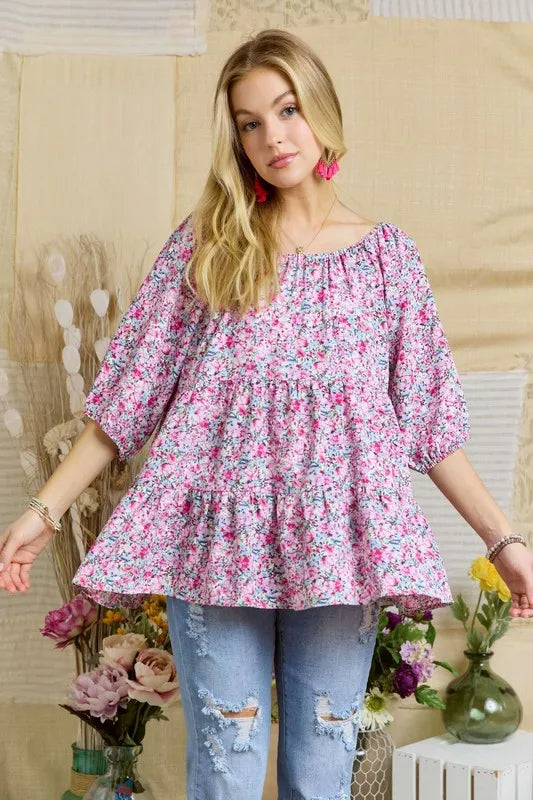 ADORA Elasticized Round Necking Floral Print Tunic Top  Shop One Place