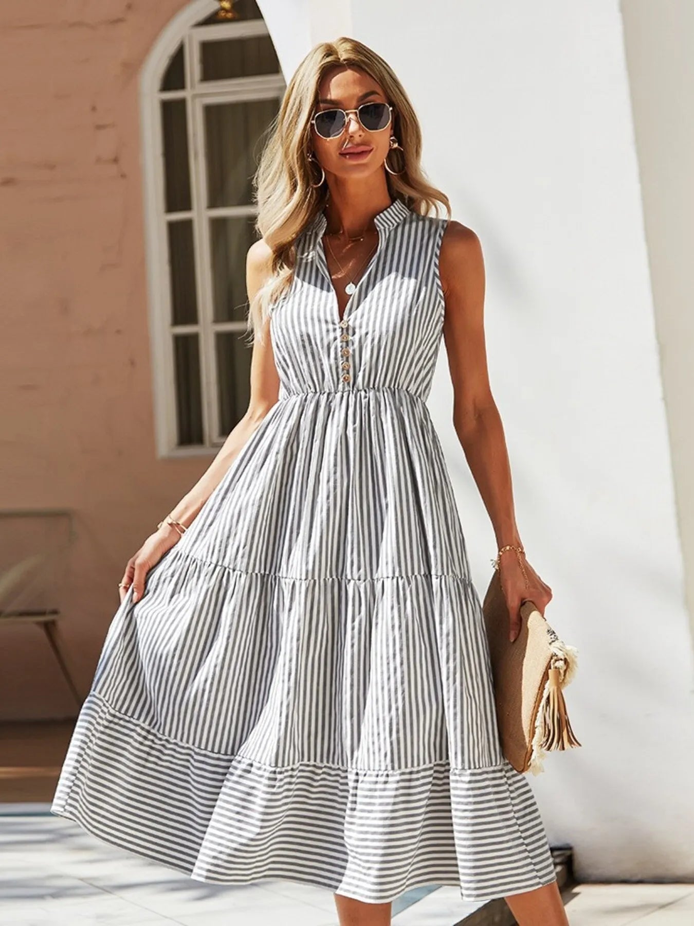 Striped Sleeveless Tiered Midi Dress  Shop One Place