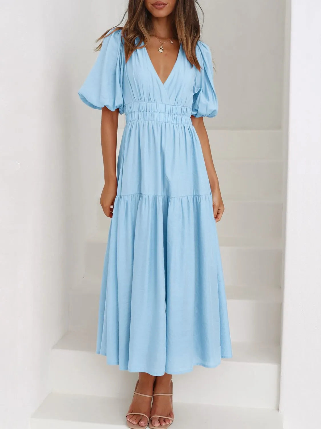 V-Neck Puff Sleeve Midi Dress  Shop One Place