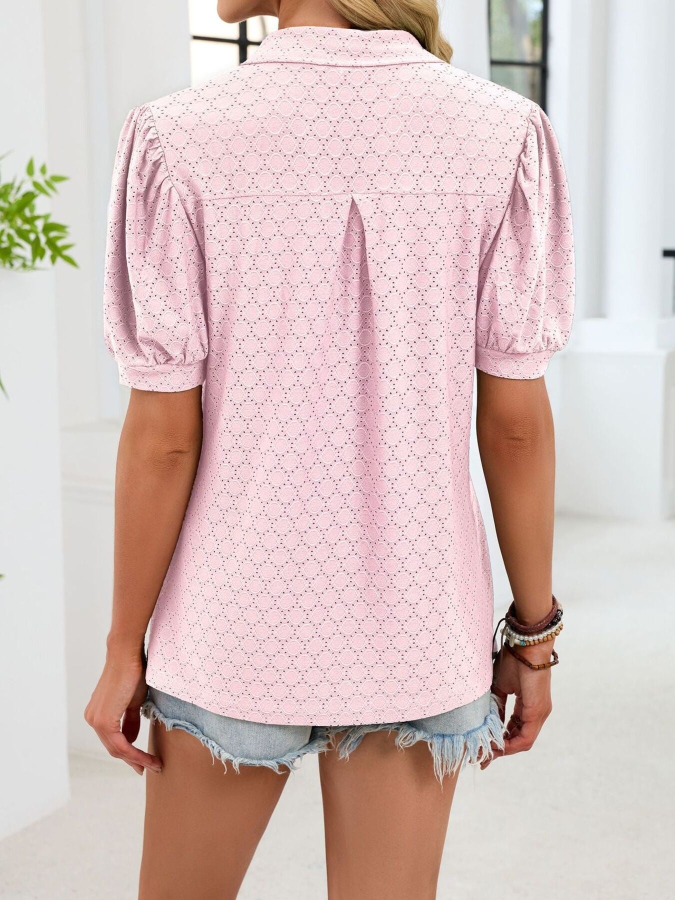 Eyelet Johnny Collar Puff Sleeve Top  Shop One Place