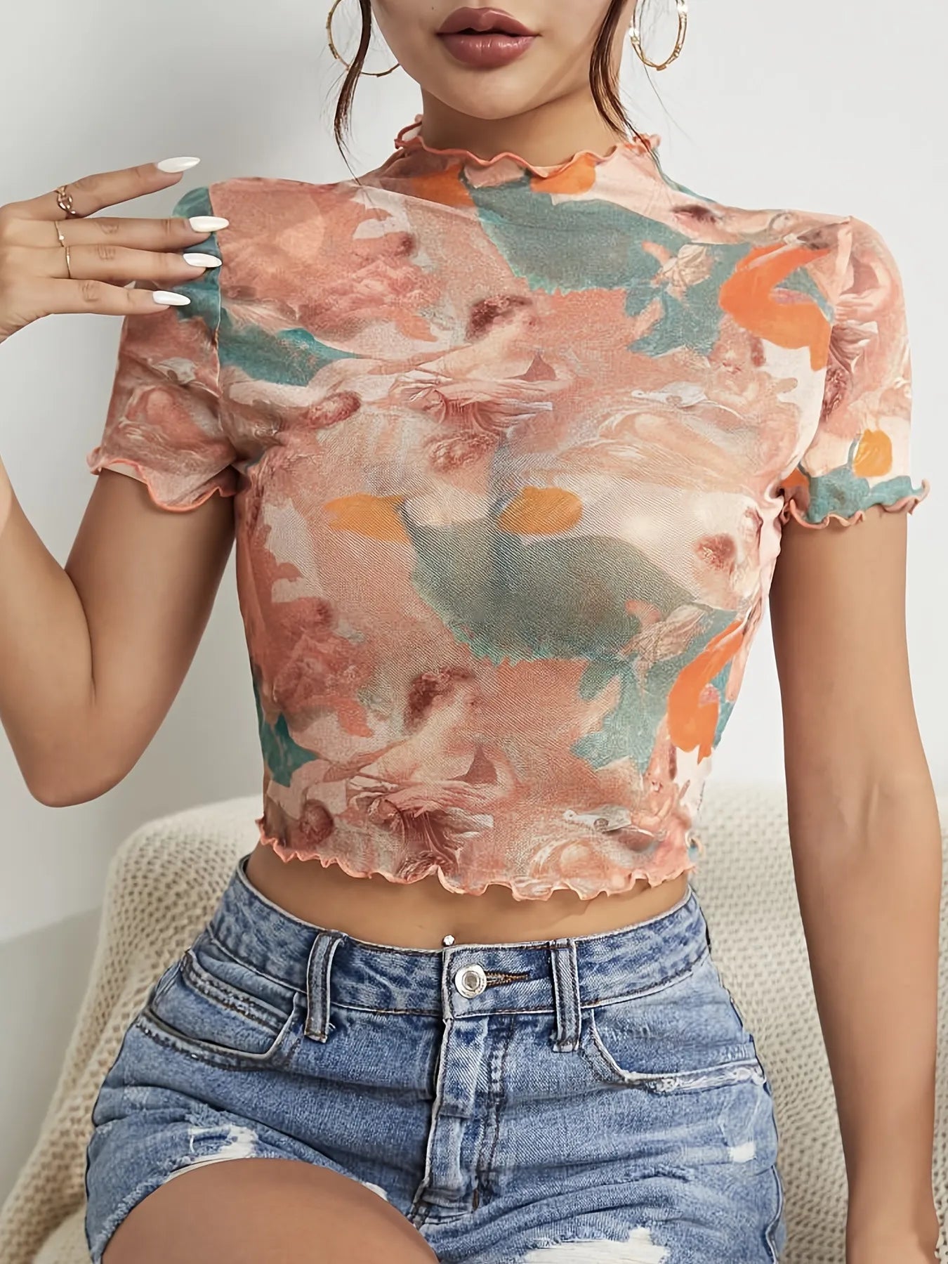 Abstract Print Ruffled Mock Neck Crop T-Shirt  Shop One Place