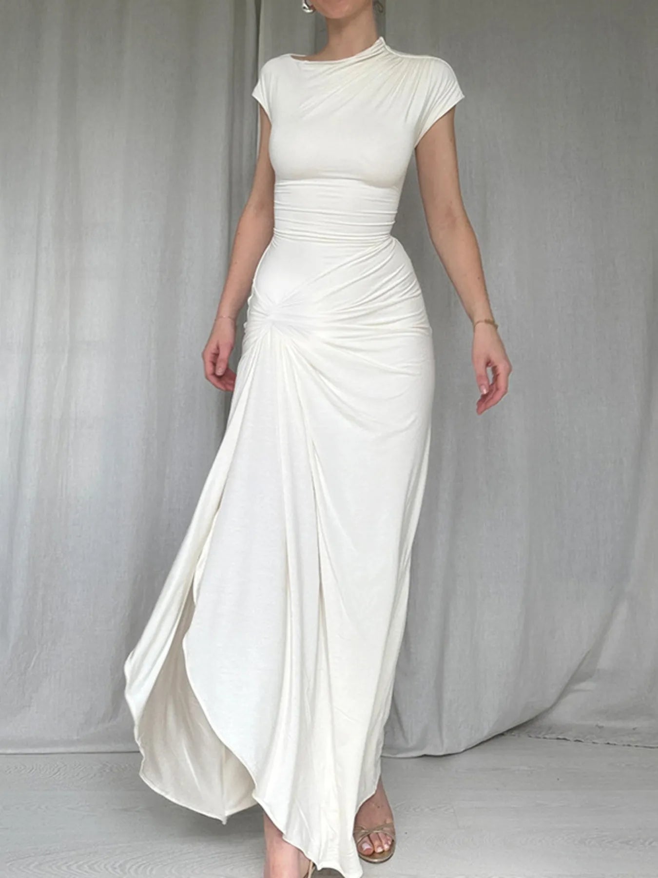 Ruched Slit Cap Sleeve Maxi Dress  Shop One Place