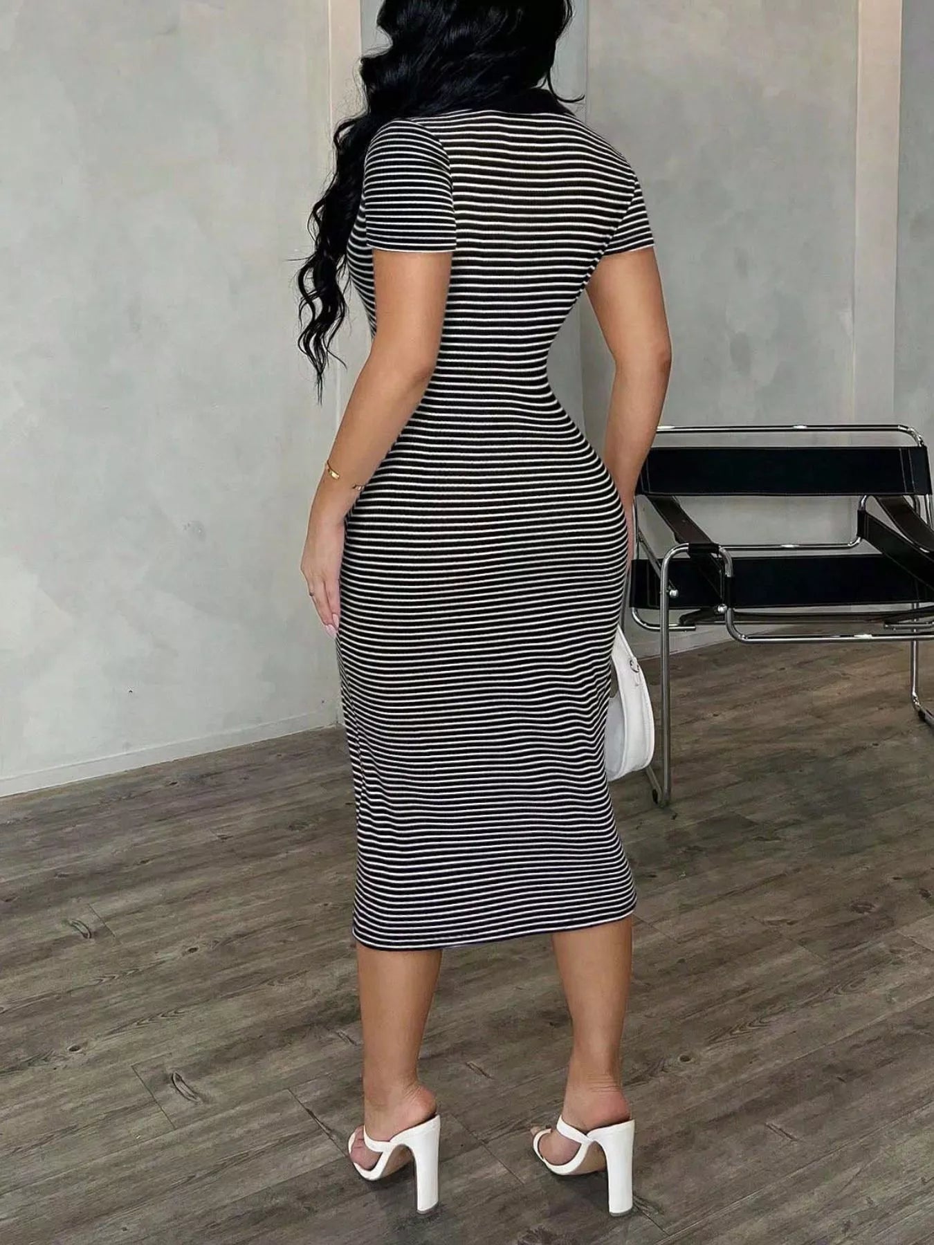 Striped Polo Collar Midi Dress  Shop One Place