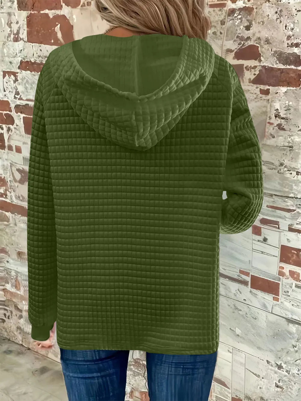 Full Size Texture Button Detail Drawstring Long Sleeve Hoodie  Shop One Place