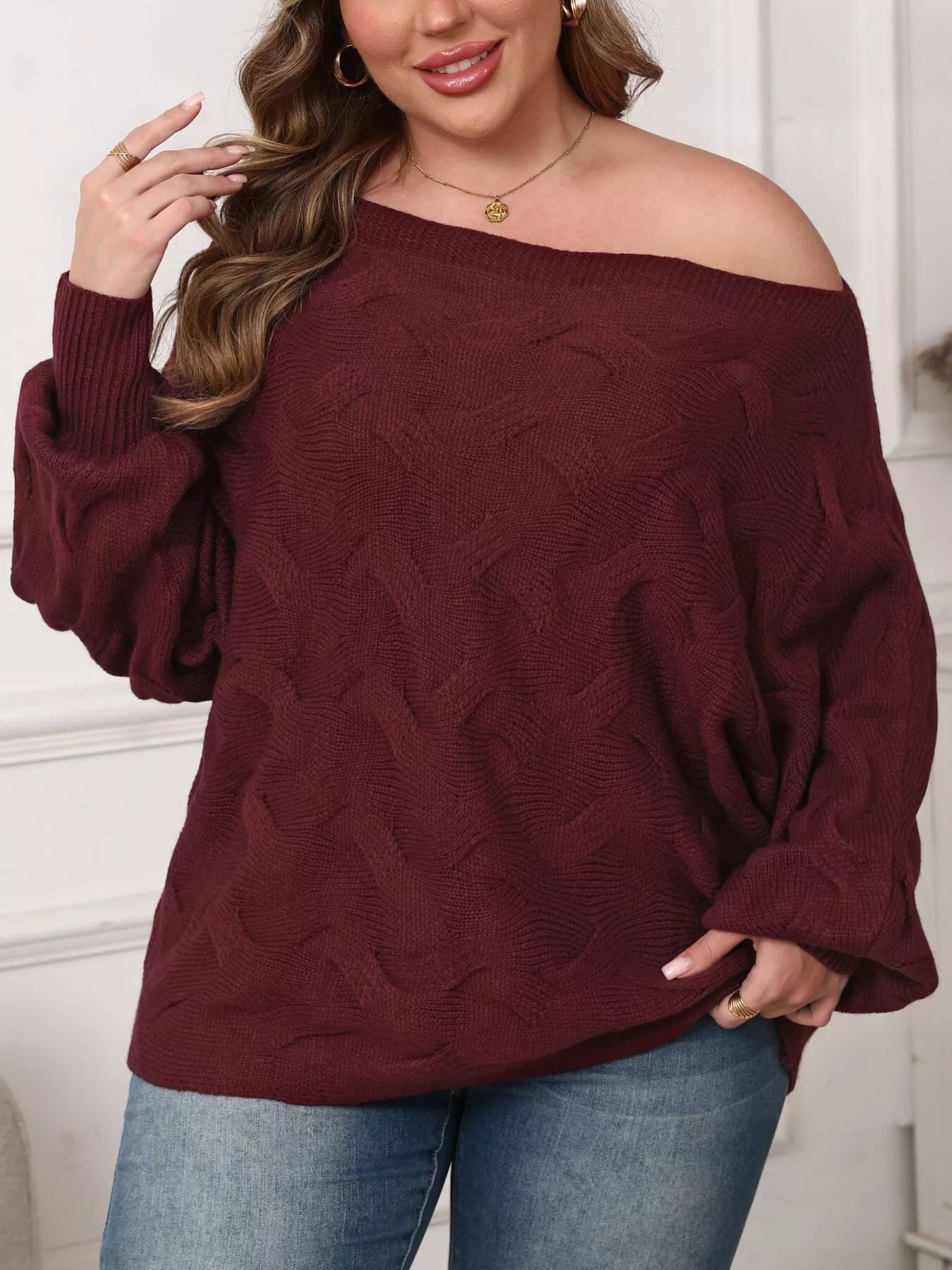 Plus Size Off-Shoulder Long Sleeve Sweater  Shop One Place