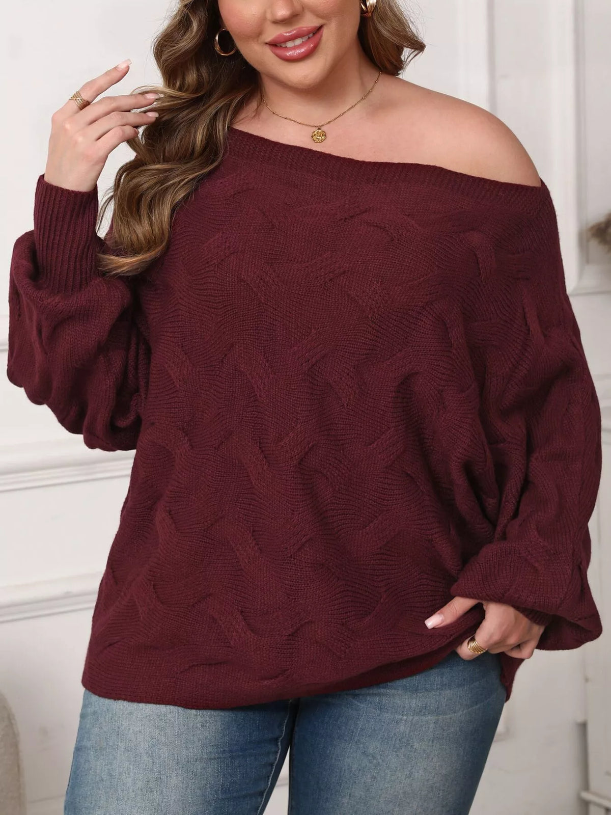 Plus Size Off-Shoulder Long Sleeve Sweater  Shop One Place