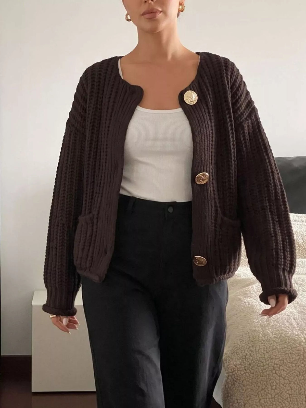 Ribbed Knit Cardigan with Gold-Tone Buttons  Shop One Place
