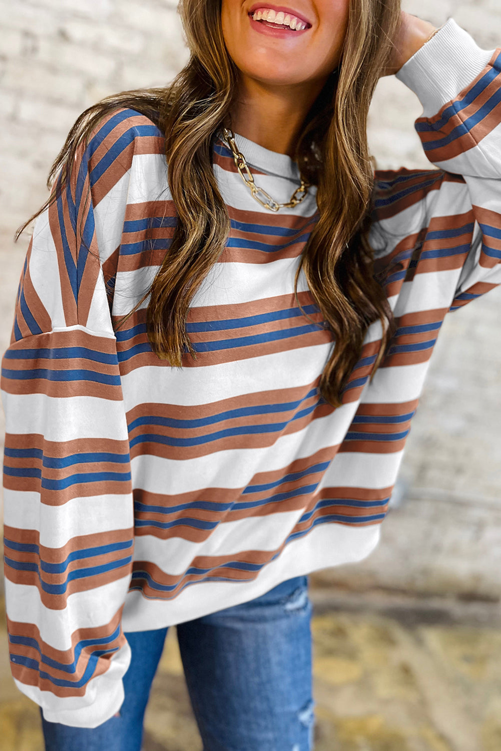 Khaki Striped Crew Neck Drop Shoulder Pullover Sweatshirt  Shop One Place