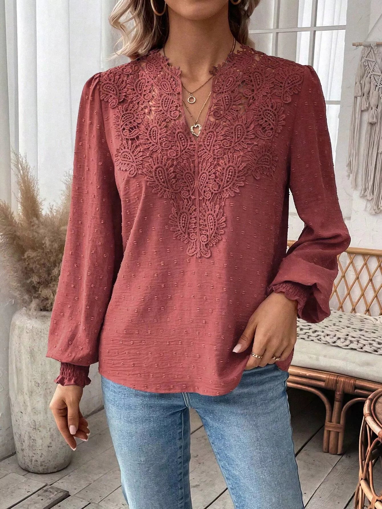 Swiss Dot Lace Detail Long Sleeve Blouse  Shop One Place