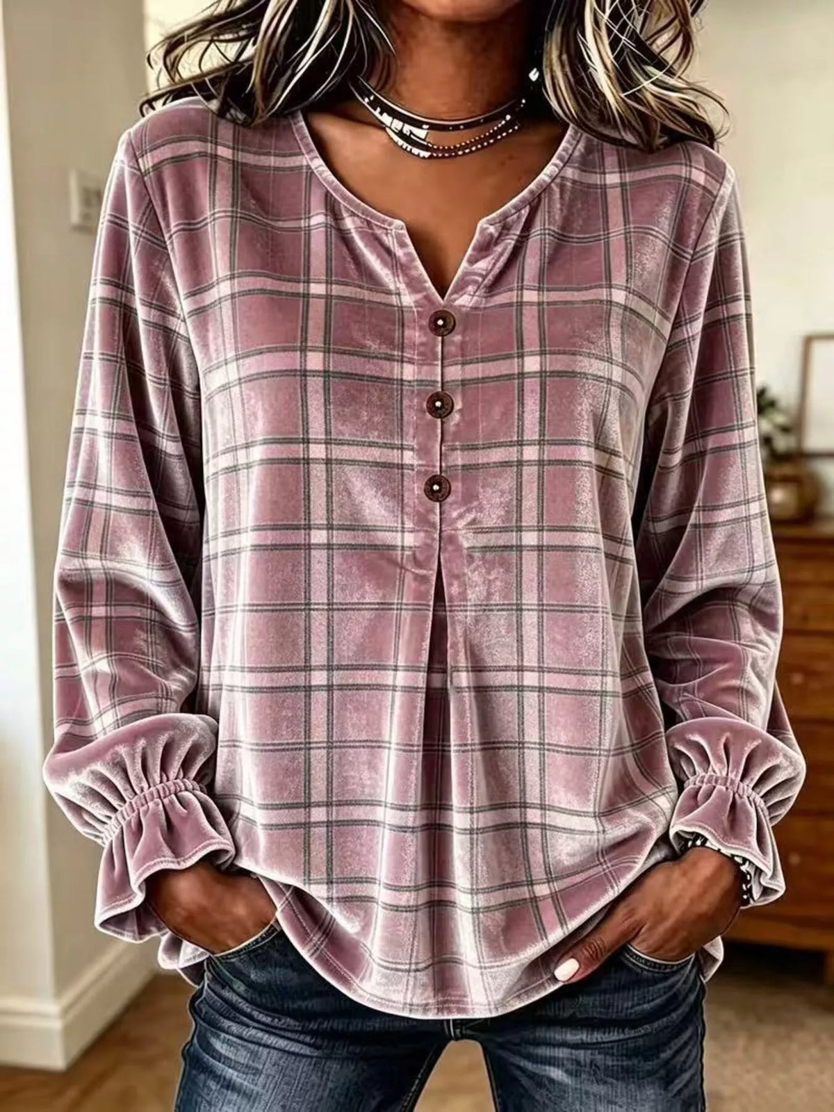 Women's Plaid Velvet Flounce Sleeve Blouse – view 15