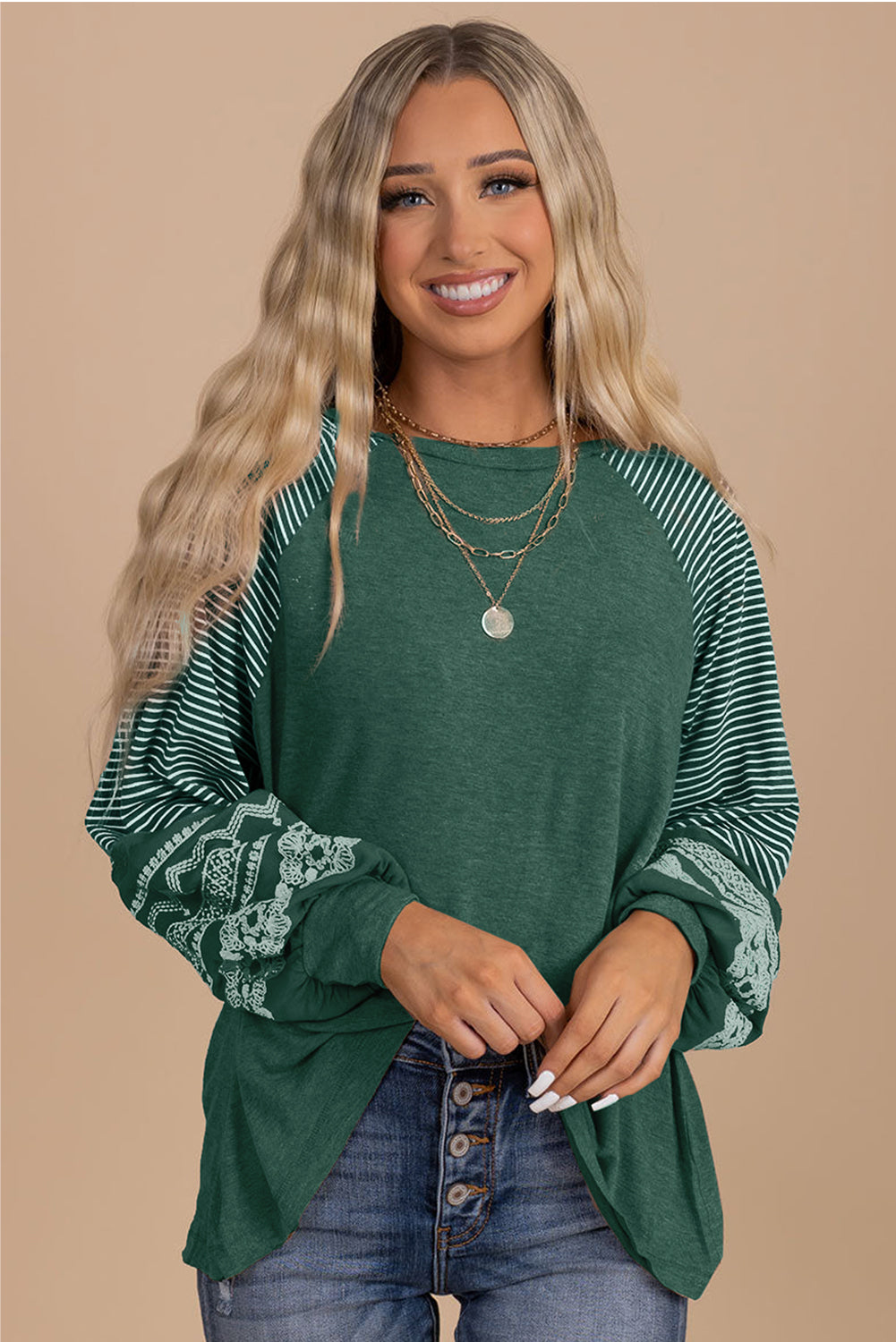 Contrast Print Striped Raglan Long Sleeve Loose Top  Shop One Place