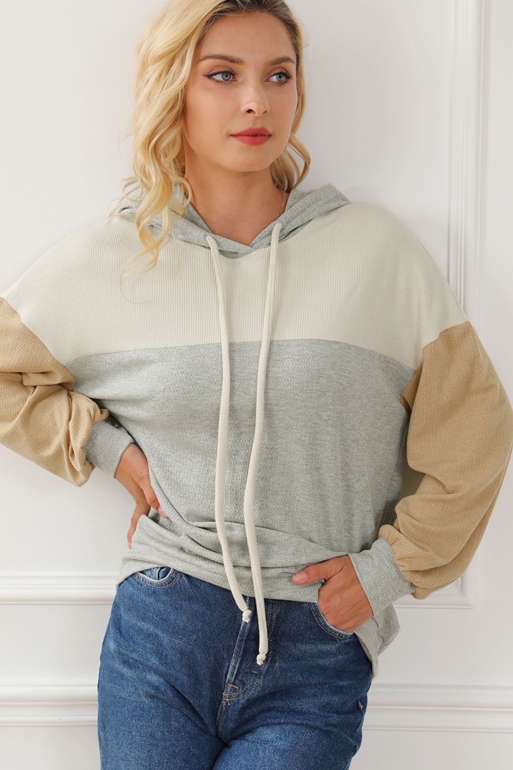 Drawstring Color Block Long Sleeve Hoodie