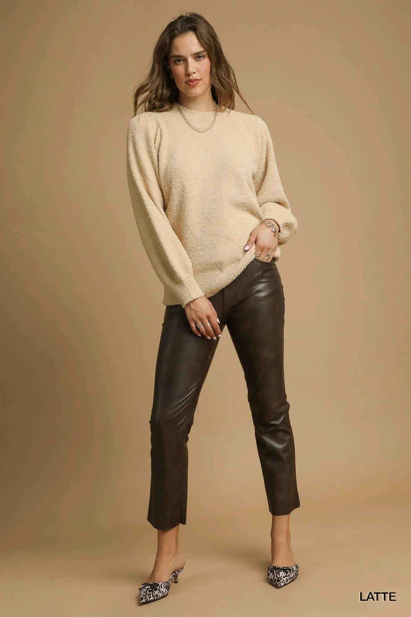 Umgee Textured Long Sleeve Sweater with Ribbed Trim  Shop One Place