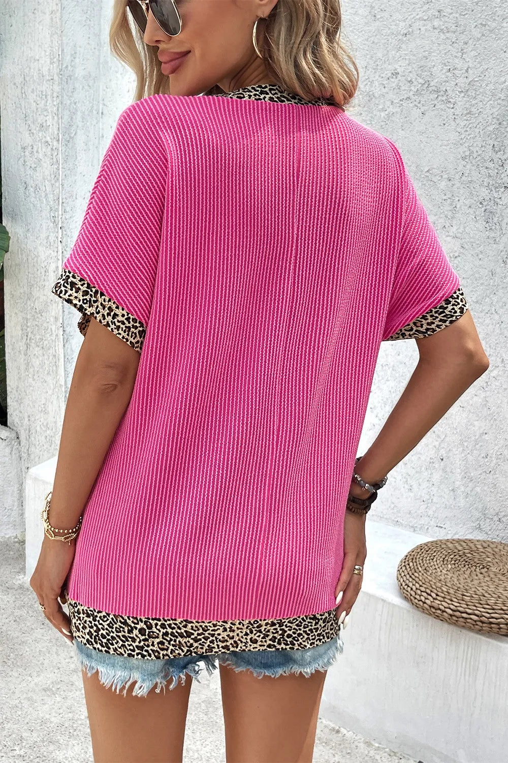 V-Neck Leopard Trim Ribbed Blouse  Shop One Place