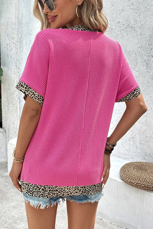 V-Neck Leopard Trim Ribbed Blouse  Shop One Place