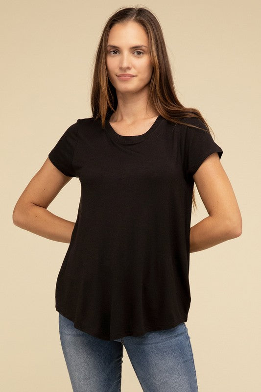 Flowy Round Hem Rayon Short Sleeve Top