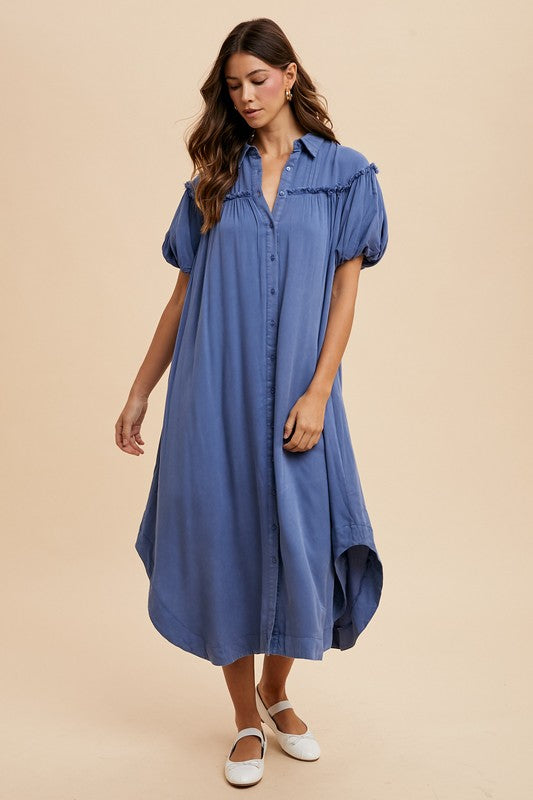 Peacock Blue Annie Wear Mineral Washed Button Down Puff Sleeve Shirt Dress