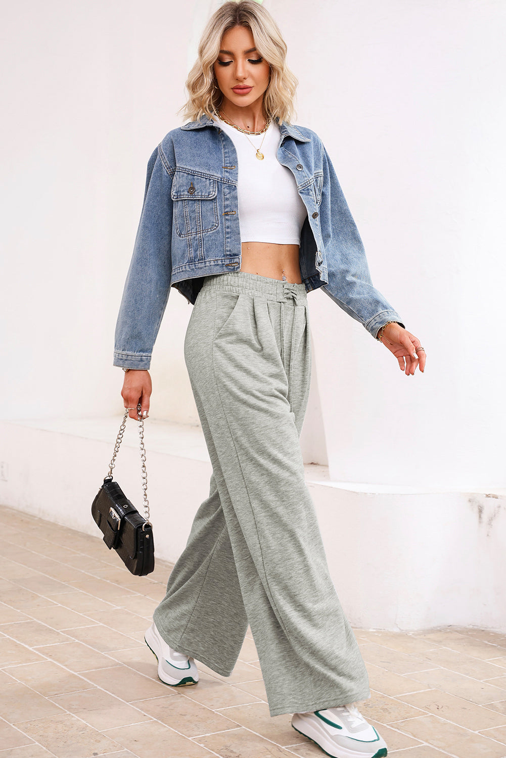 Tied Elastic High Waist Pleated Detail Solid Sweatpants