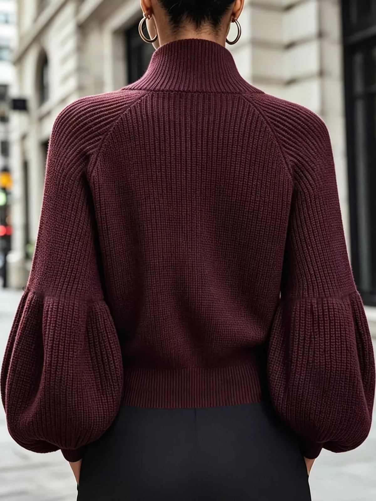 Women's Ribbed Knit Zip-Up Cardigan with Lantern Sleeves – view 3