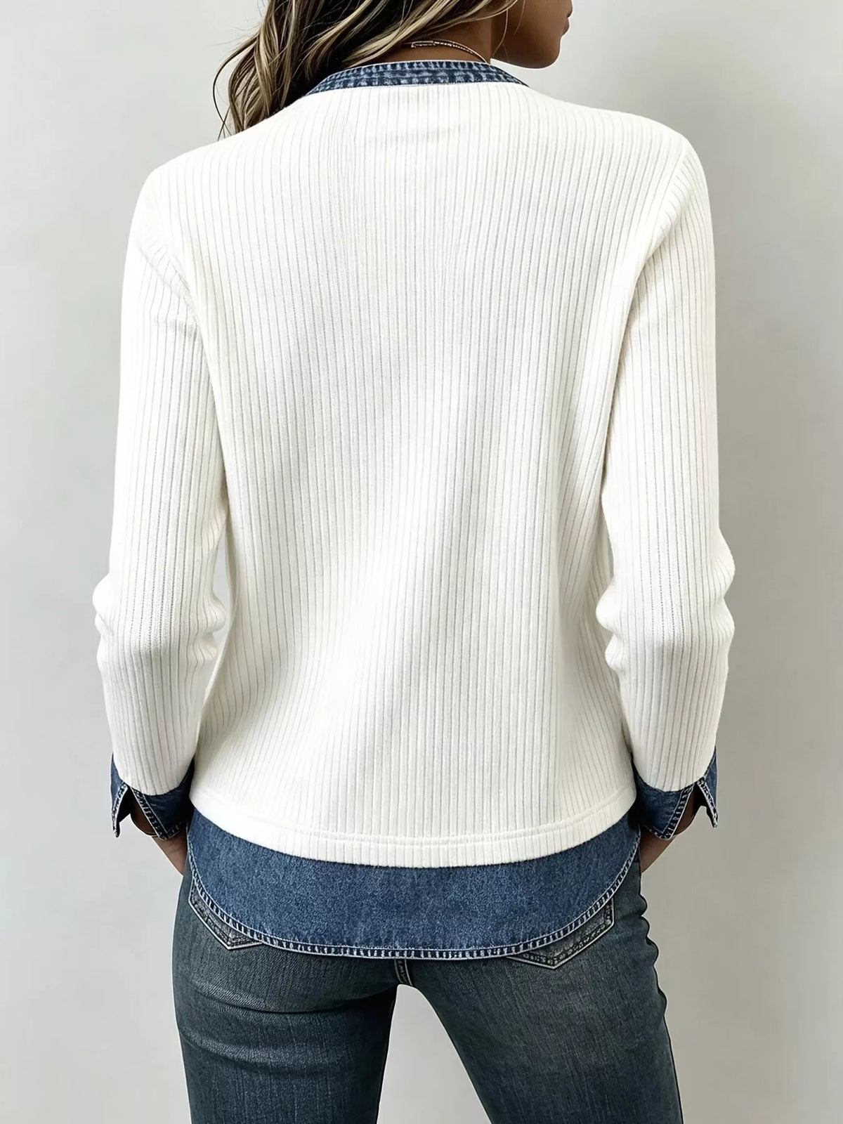 Women's Denim Trim V-Neck Ribbed Knit Top – view 2
