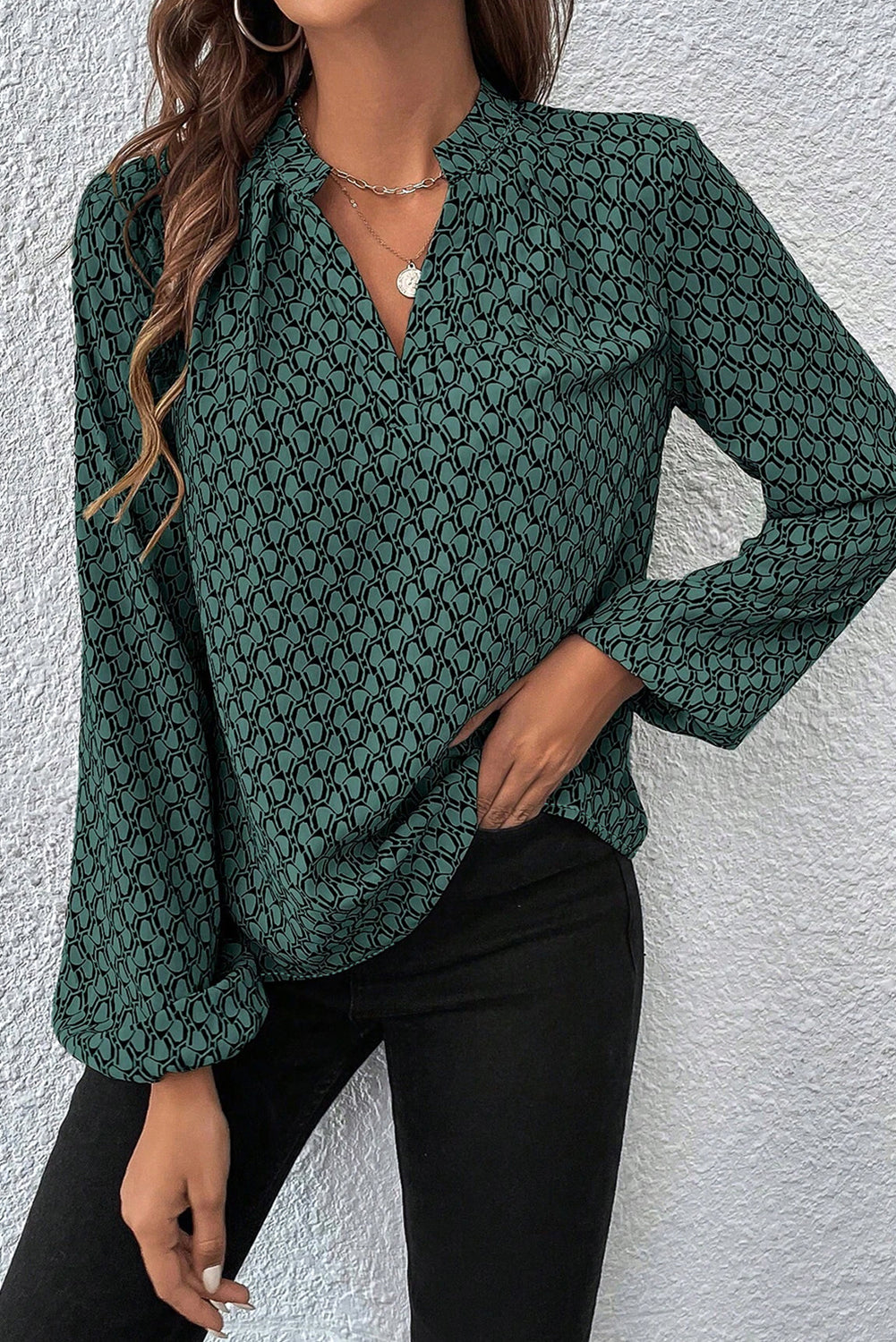 Khaki Geometric Print Notched Neck Long Sleeve Blouse