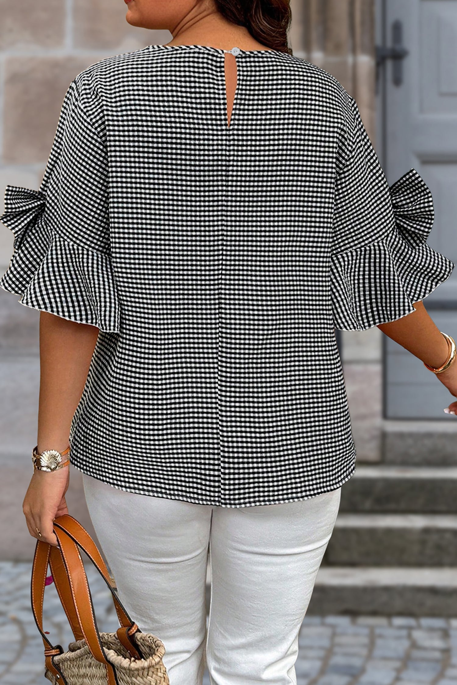 Black Plus Size Plaid Bow Decor Bell Sleeve Round Neck Jumper  Shop One Place