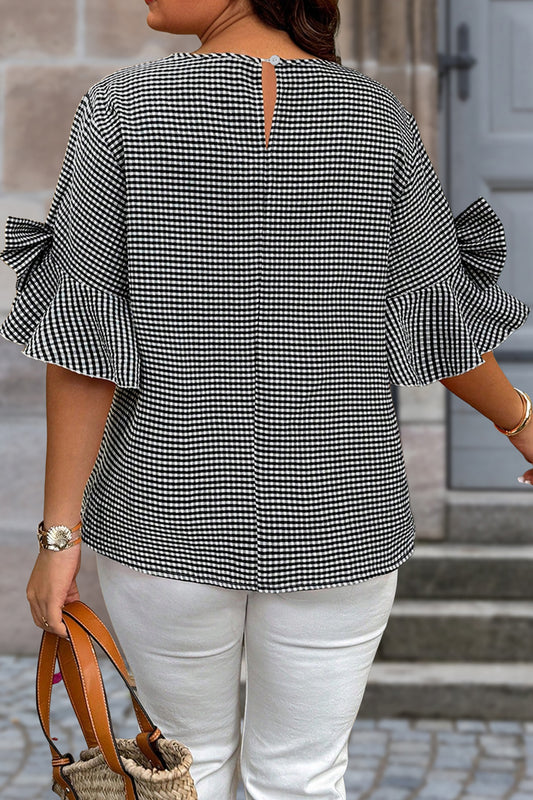 Black Plus Size Plaid Bow Decor Bell Sleeve Round Neck Jumper  Shop One Place