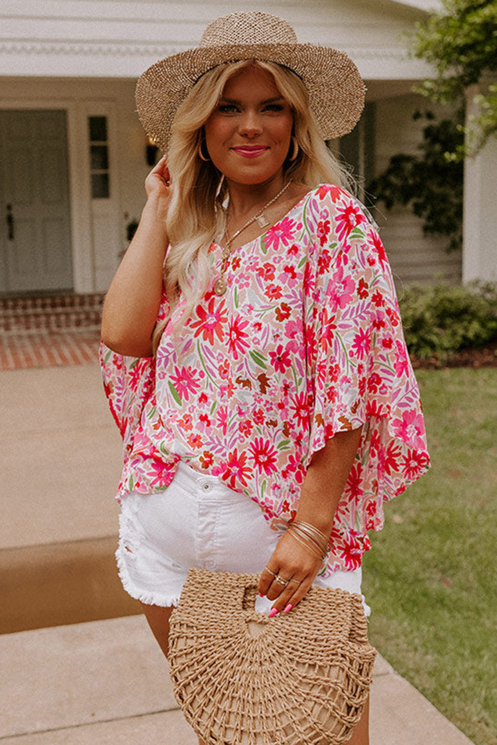 Pink Floral Ruffled Half Sleeve V-Neck Plus Size Blouse