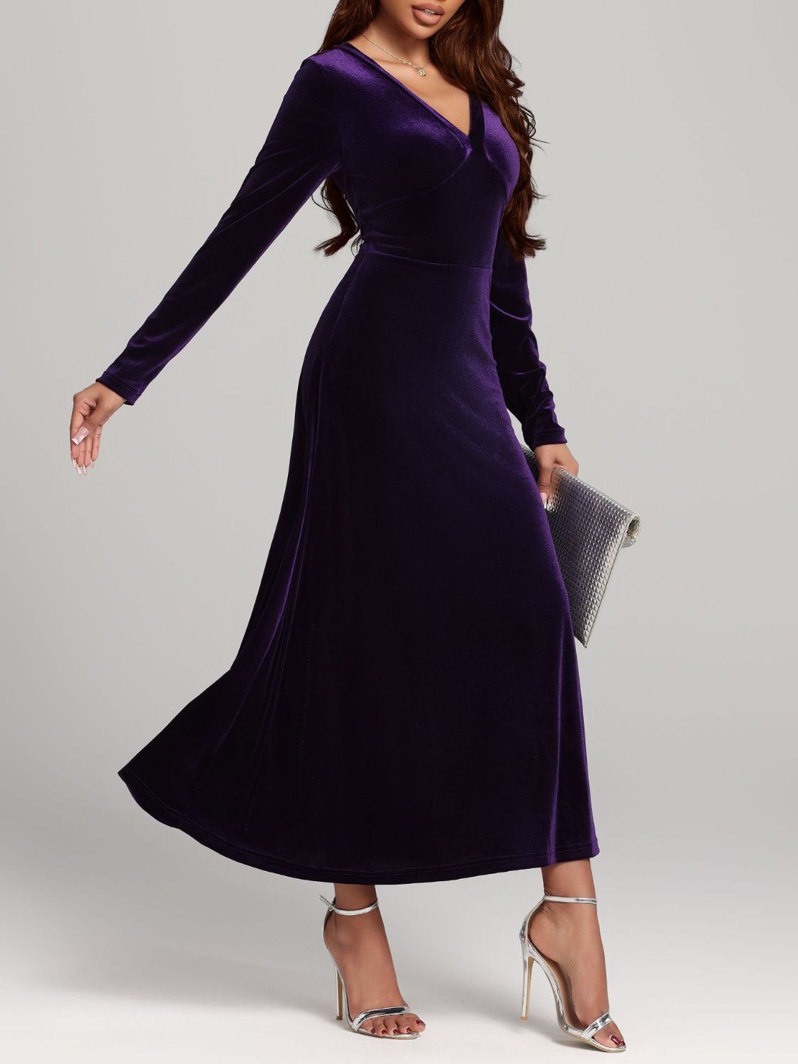 V-Neck Long Sleeve Velvet Dress  Shop One Place