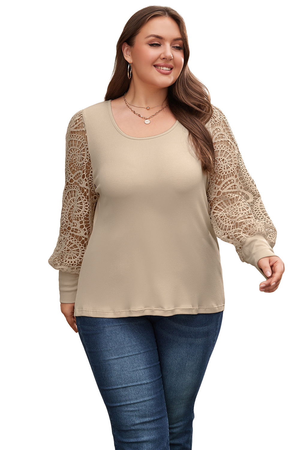 Parchment Plus Hollowed Lace Sleeve Square Neck Ribbed Top