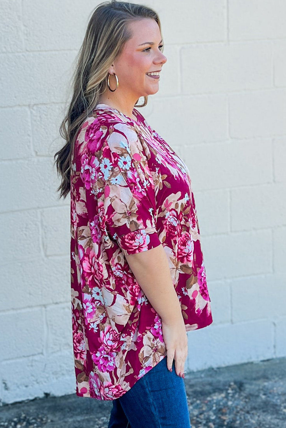 Red Plus Size Floral Print Half Sleeve Blouse