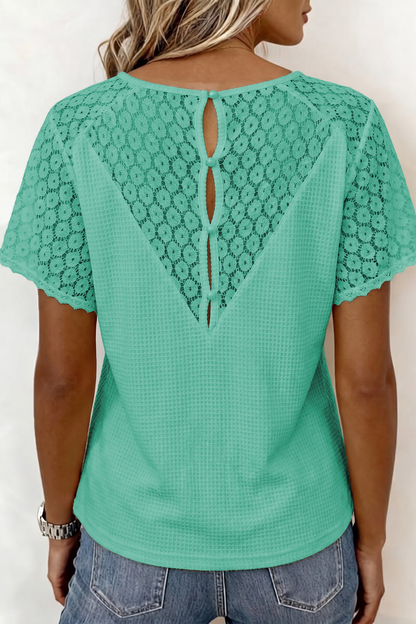 Pink Lace Splicing Button Cutout V Neck Waffle Knit Blouse  Shop One Place