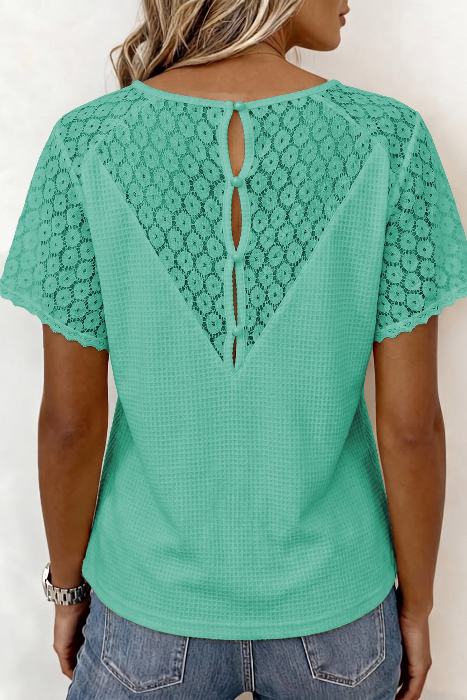 Pink Lace Splicing Button Cutout V Neck Waffle Knit Blouse  Shop One Place