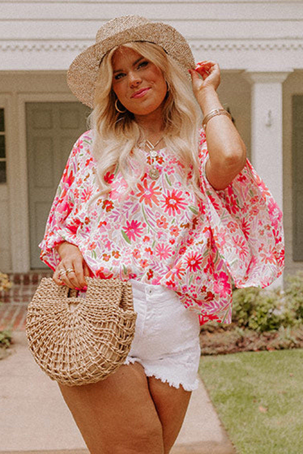 Pink Floral Ruffled Half Sleeve V-Neck Plus Size Blouse