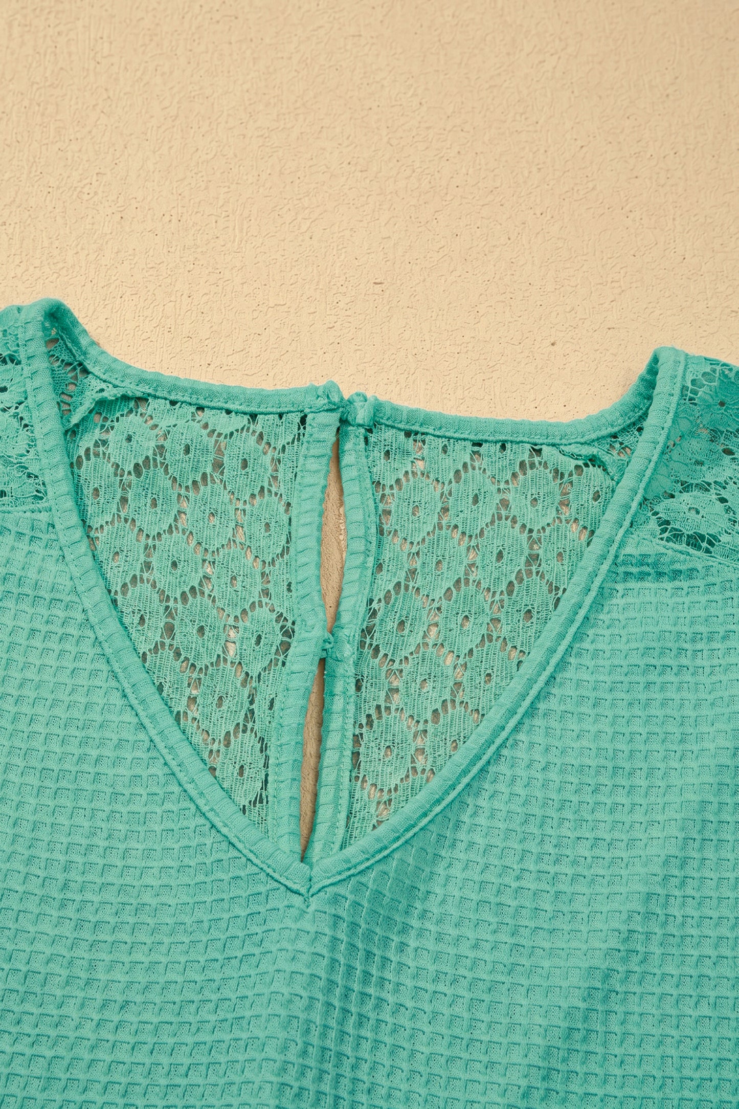 Pink Lace Splicing Button Cutout V Neck Waffle Knit Blouse  Shop One Place