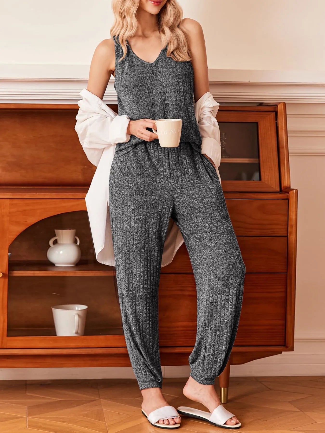Ribbed Knit V-Neck Tank and Pants Lounge Set  Shop One Place