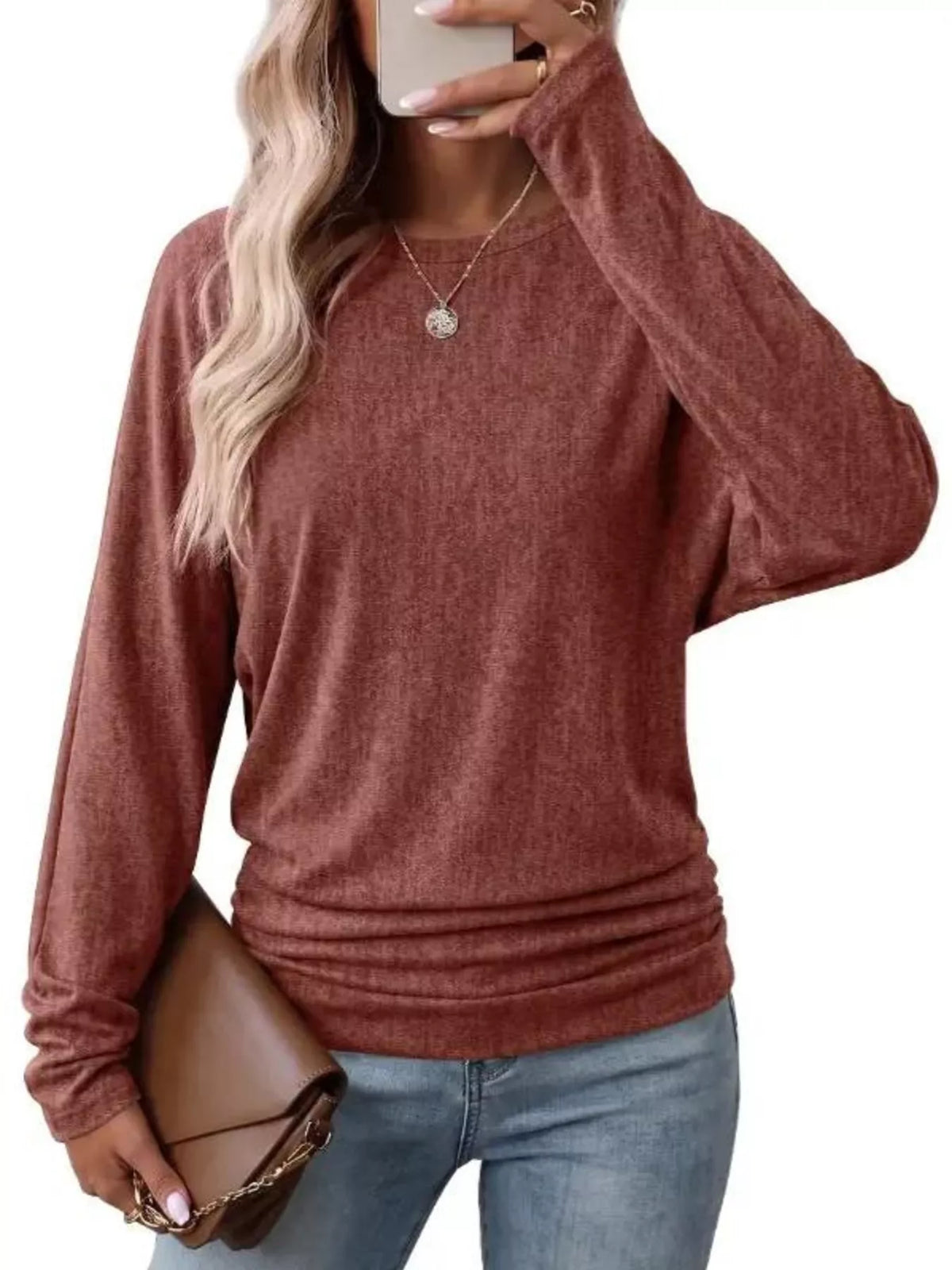 Women's Long Sleeve Crew Neck T-Shirt with Ruched Hem – view 15