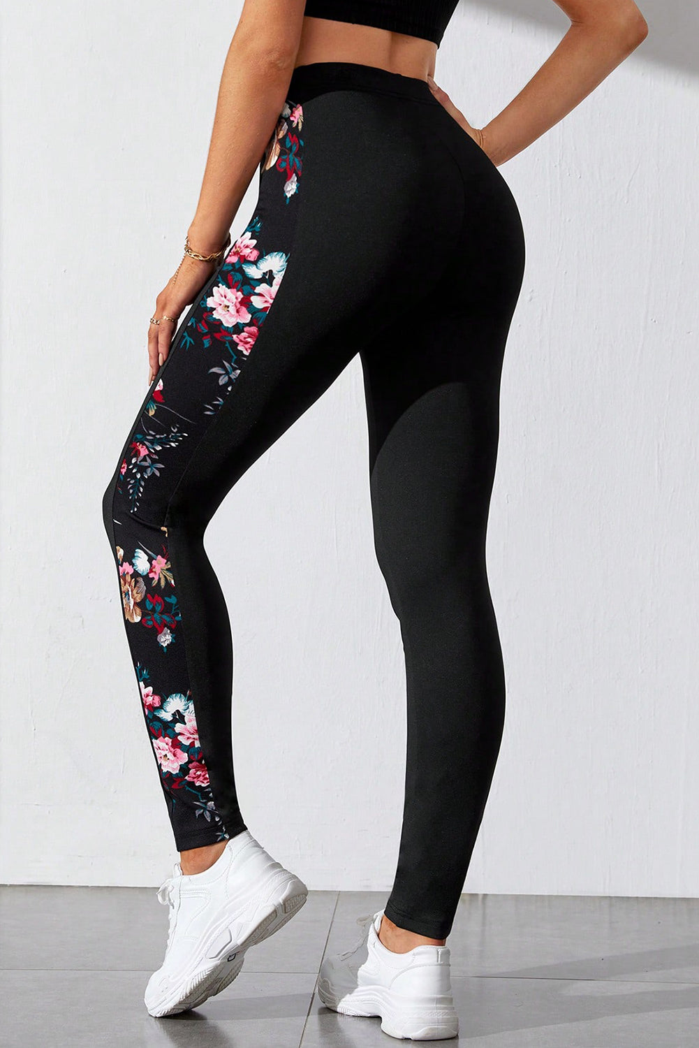 Black Floral Print Patch High Waist Leggings