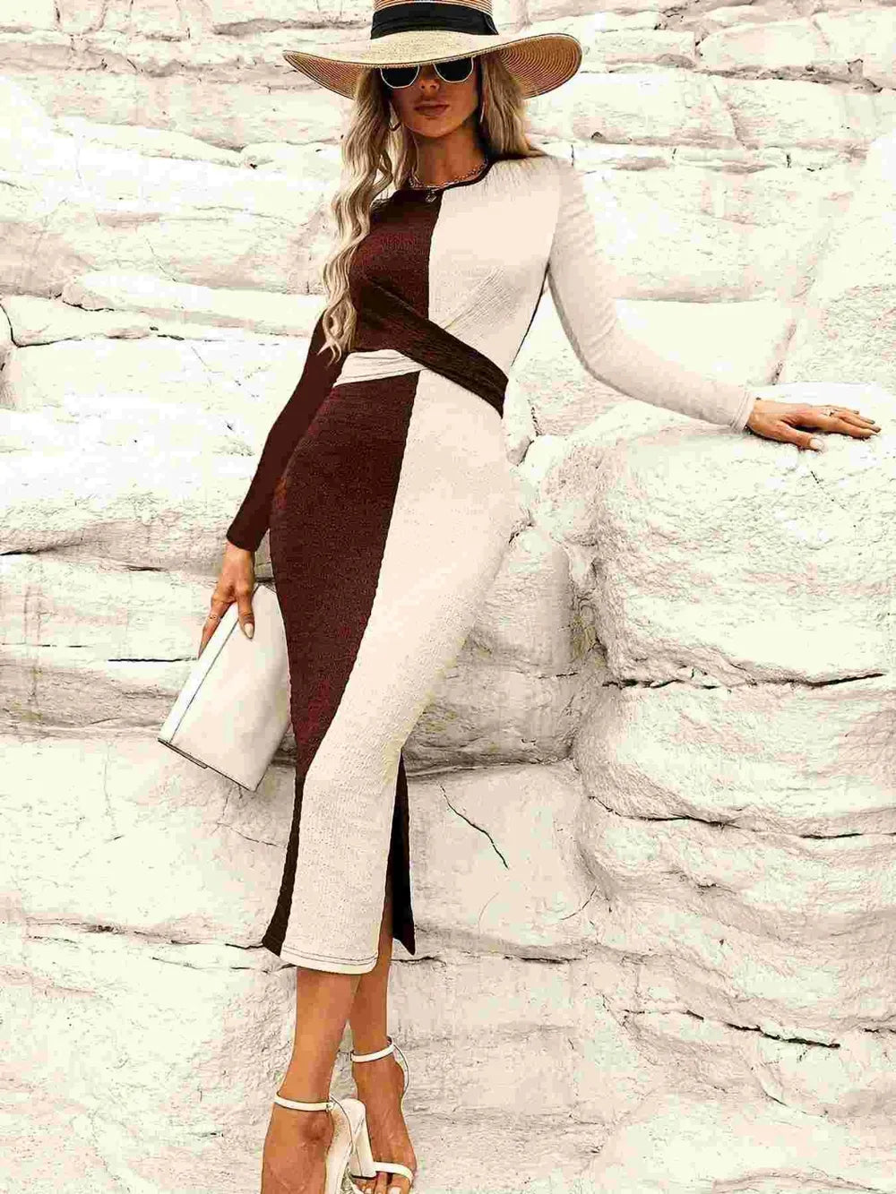 Two Tone Slit Round Neck Long Sleeve Midi Dress  Shop One Place