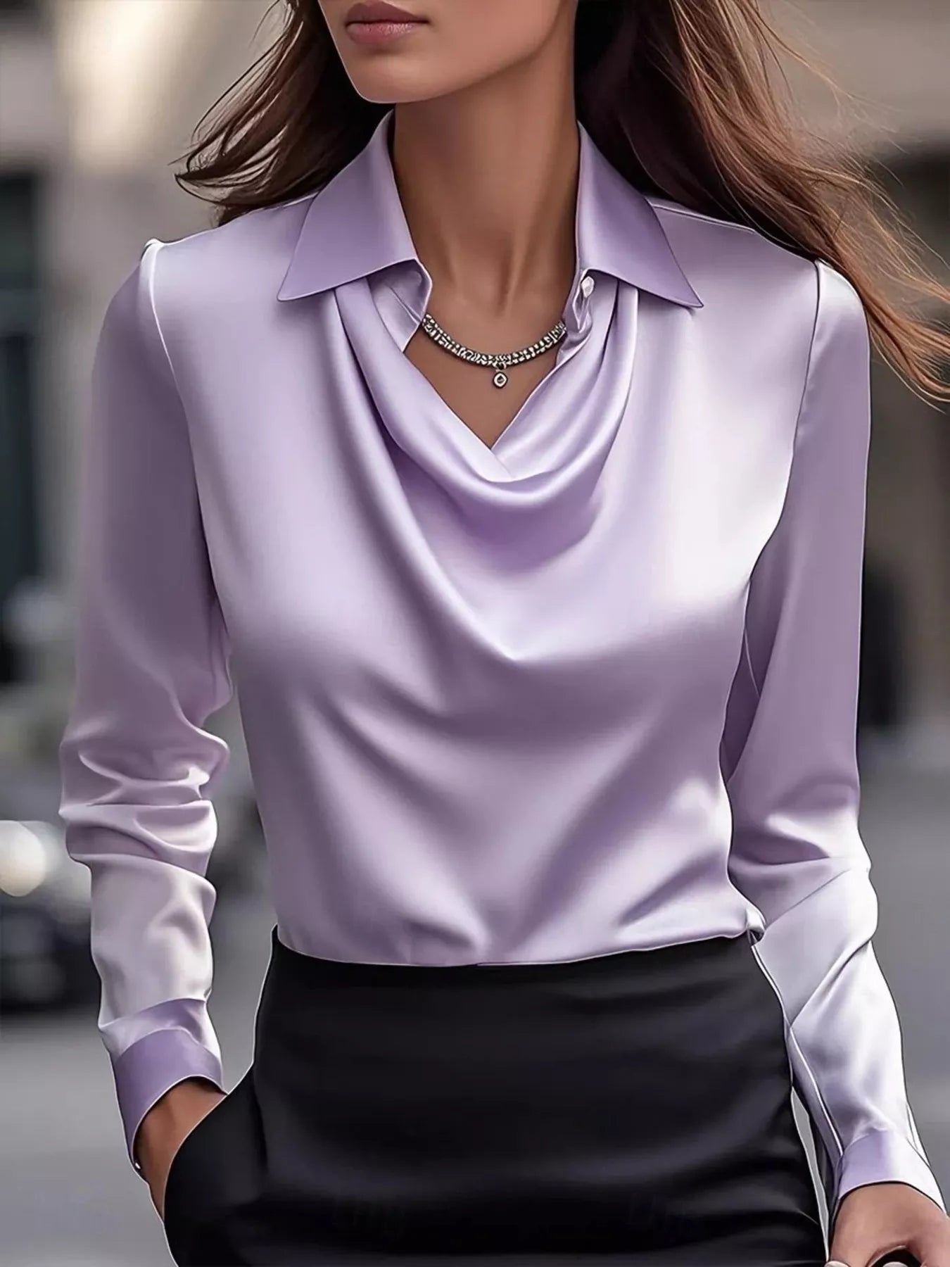 Ruched Long Sleeve Drape Collar Blouse  Shop One Place