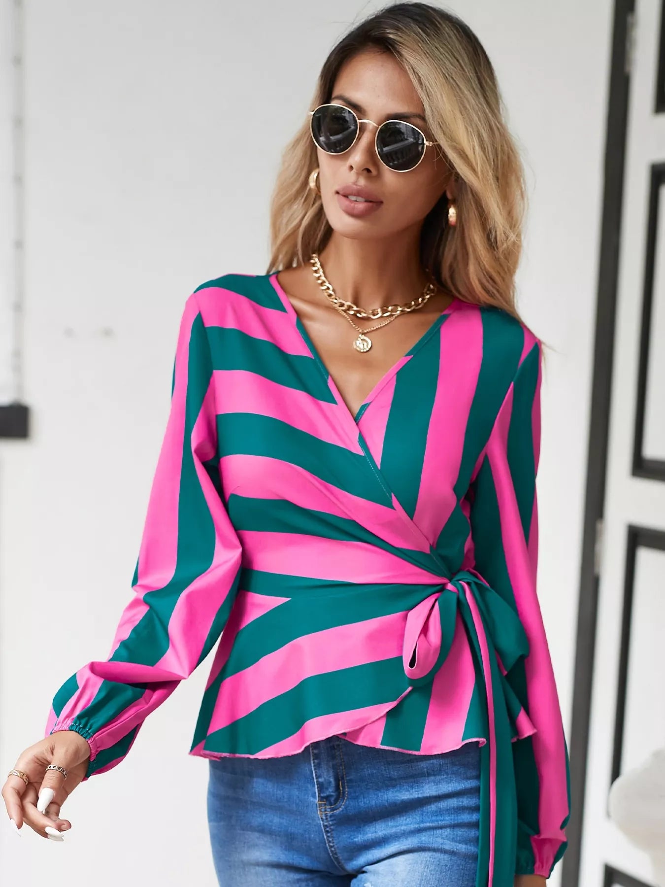 Striped Wrap Blouse with Tie Detail  Shop One Place