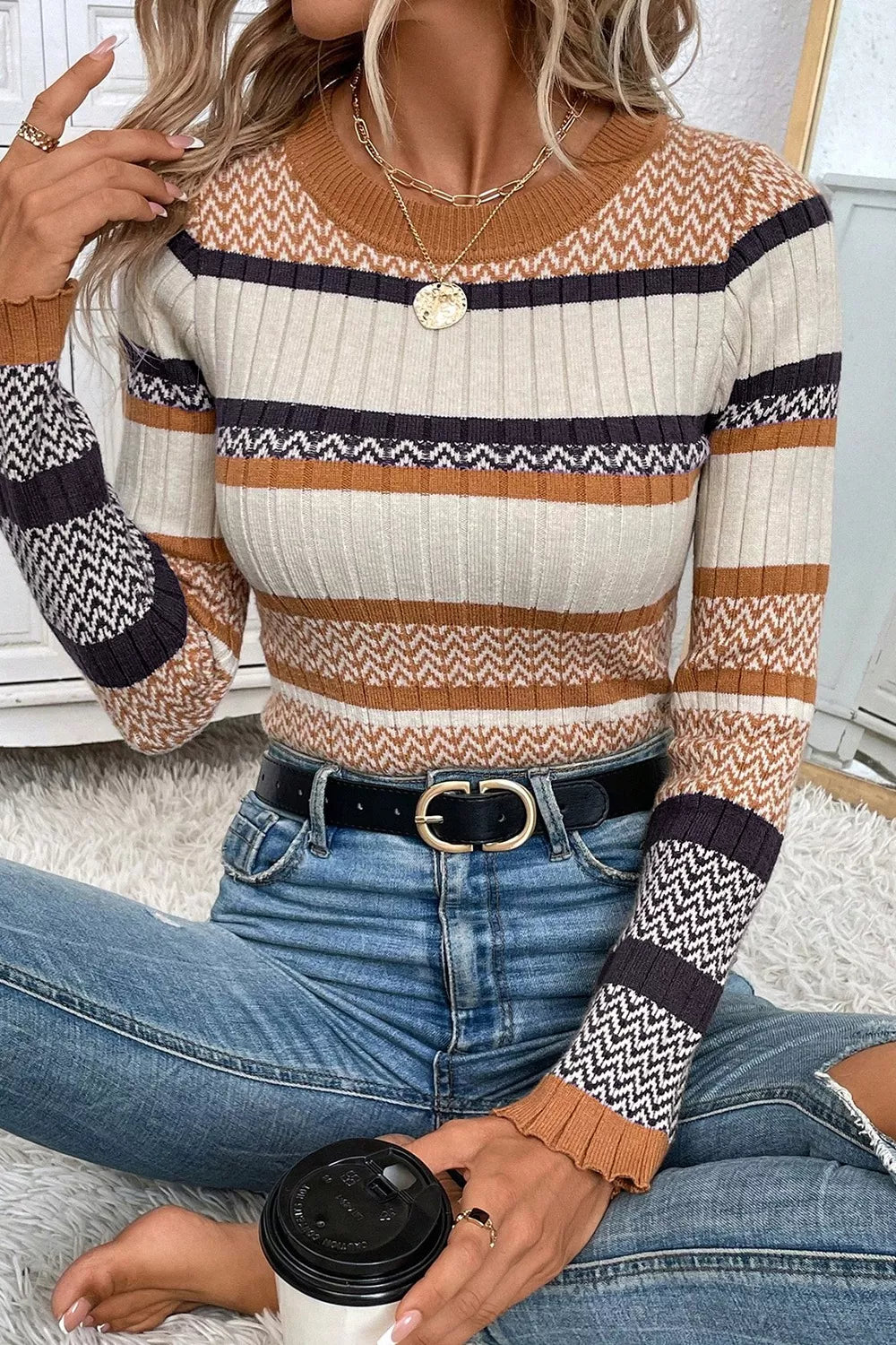 Stripe Stylish Pattern Knitted Ribbed Trim Slim Sweater  Shop One Place