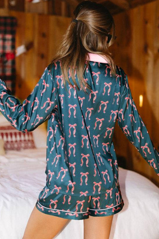 Green Ribbon Bow Print Silky Long Sleeve Shirt and Shorts 2pcs Pajama Set