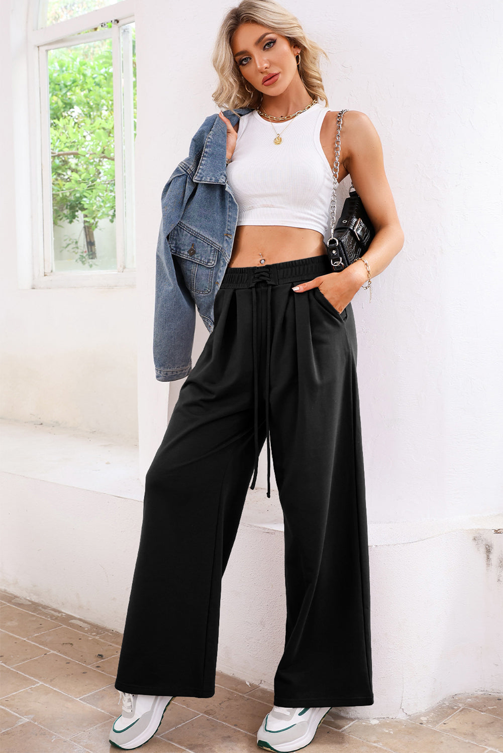 Tied Elastic High Waist Pleated Detail Solid Sweatpants