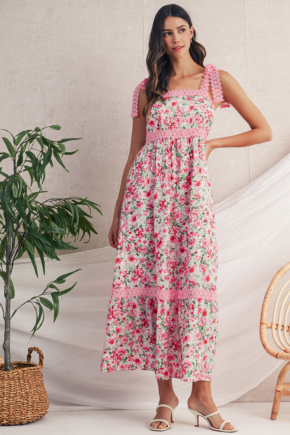 Green Floral Lace Tied Strap Empire Waist Maxi Dress  Shop One Place