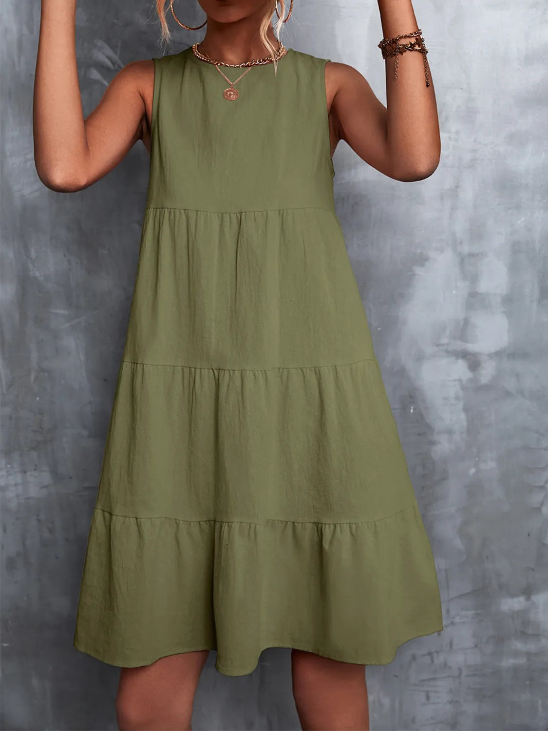 Tiered Round Neck Sleeveless Mini Tank Dress  Shop One Place