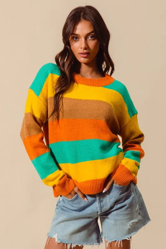 SO ME Multi Color Stripe Sweater with Ribbed Detail  Shop One Place