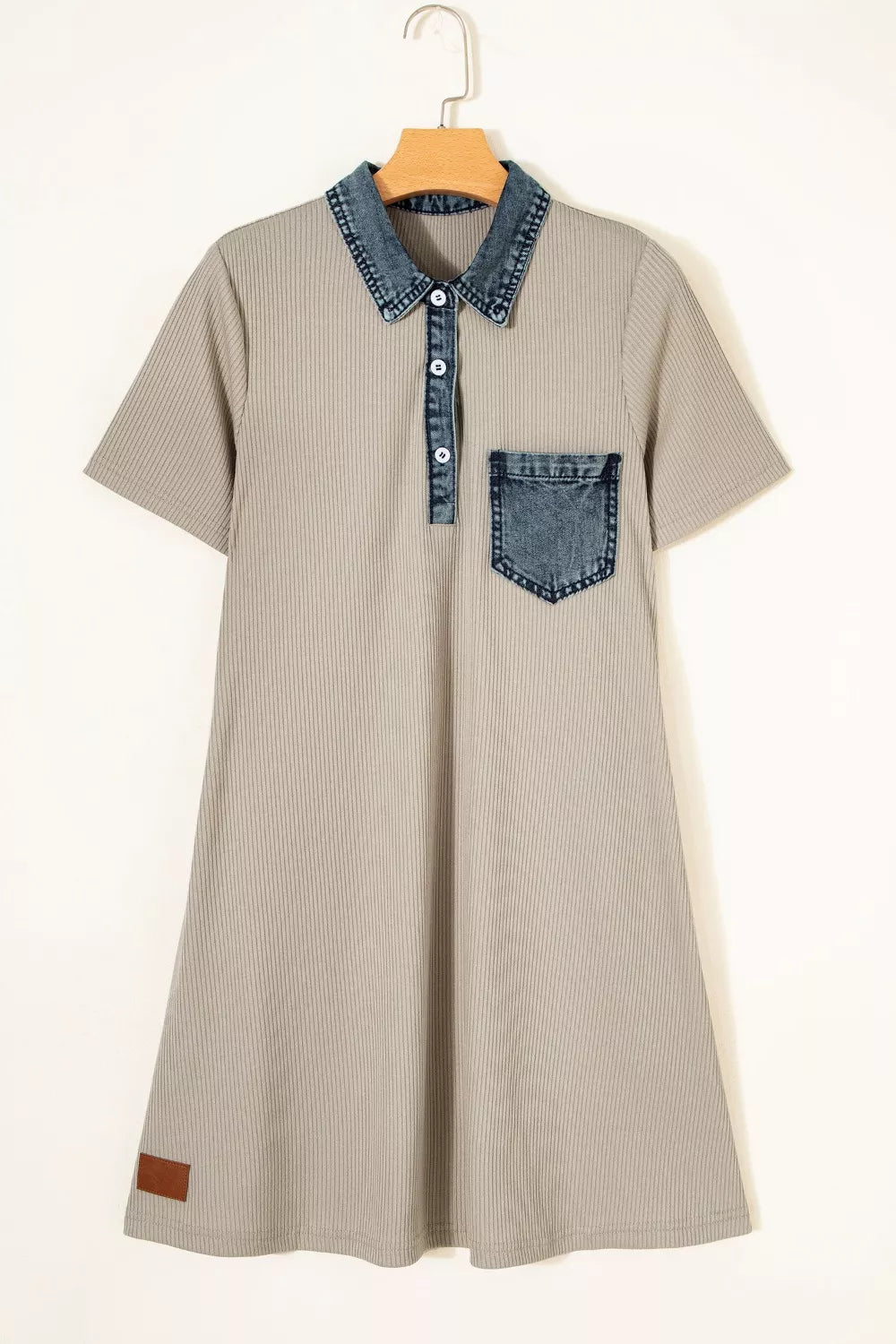 Casual Ribbed Knit Denim Trim Mini Dress  Shop One Place